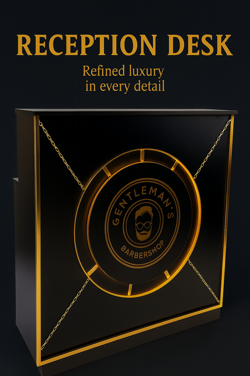 reception desk barbershop design black gold 2