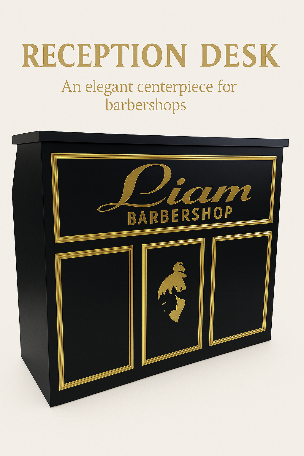 reception desk barbershop design black gold